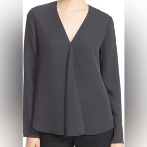 Theory ‘Meniph’ V-Neck Silk Georgette Grey Long Sleeve Lightweight Blouse EUC L